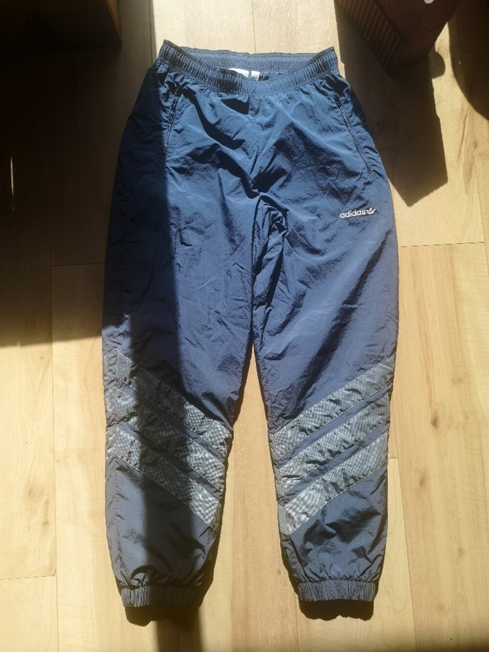 Vintage Y2K Adidas Nylon Track Pants Navy Blue & Silver - SMALL / 28-30us
